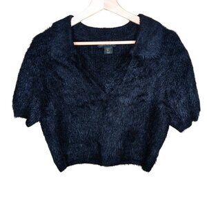 House of Harlow Black Fuzzy Crop Polo Top